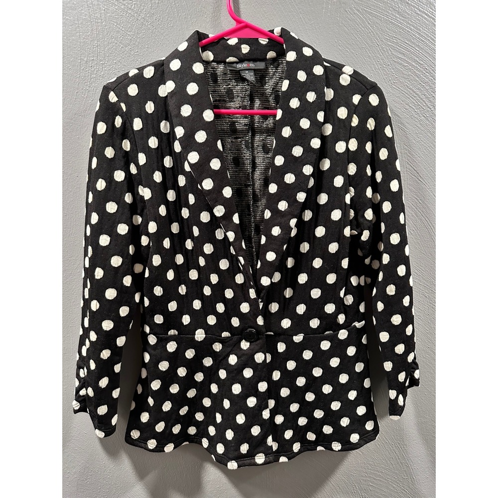 Style & Co Womens Black White Polka Dot Knit Blazer Jacket Size M Shawl Lapel